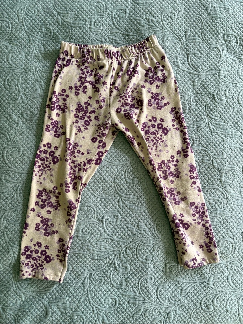 Cream Floral Print Kids Leggings with Purple Flowers